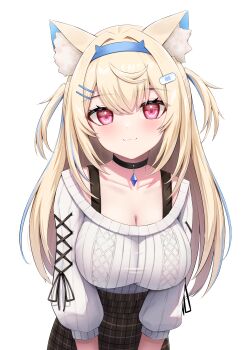 1girl absurdres animal_ear_fluff animal_ears bandaid bandaid_hair_ornament black_choker black_skirt blonde_hair blue_hairband blush breasts choker cleavage cosplay cross-laced_clothes cross-laced_sleeves dog_ears dog_girl fake_horns fuwawa_abyssgard hair_ornament hairband hairclip highres hololive hololive_english horn_hairband horns large_breasts leaning_forward long_hair looking_at_viewer multicolored_hair parallel_hairclips pink_eyes plaid_clothes plaid_skirt ribbed_sweater shirogane_noel shirogane_noel_(casual) shirogane_noel_(cosplay) simple_background skirt smile solo streaked_hair sweater two_side_up virtual_youtuber wavefile white_background white_sweater