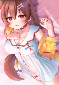 1girl absurdres animal_ears bad_id bad_twitter_id blush bone_hair_ornament breasts brown_hair brown_tail cartoon_bone cleavage collar collarbone deaver dog_ears dog_girl dog_tail fang fangs fingernails hair_down hair_ornament hand_on_own_chest highres hololive inugami_korone inugami_korone_(1st_costume) jacket looking_at_viewer lying medium_breasts nail_polish navel on_back open_mouth panties pink_panties red_collar red_eyes shirt skin_fang smile solo tail underwear virtual_youtuber white_shirt yellow_jacket yellow_nails
