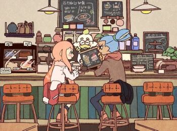 1girl 2boys bad_source black_eyes blue_hair bowl brown_hoodie brown_shirt cafe chair chalkboard closed_mouth coffee coffee_pot coffee_table cup cyan_beans dark_skin facial_hair from_behind from_side glasses holding holding_cup holding_menu hood hoodie inkling inkling_boy inkling_girl inkling_player_character jacket lamp long_hair long_sleeves looking_at_another menu menu_board multiple_boys mustache nintendo orange_hair pointy_ears scarf shirt short_hair sitting smile splatoon_(series) table unworn_jacket white_shirt