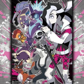 Rule 34 | 1boy, artist name, belt, black boots, black hair, black sclera, blue tongue, boots, choker, closed mouth, collarbone, colored sclera, colored tongue, commentary, company name, copyright notice, dusk ball, english commentary, fangs, from side, gen 4 pokemon, gen 5 pokemon, gen 6 pokemon, gen 8 pokemon, grey choker, highres, holding, holding microphone, holding microphone stand, holding poke ball, horns, instagram username, jacket, long hair, long sleeves, malamar, male focus, merchandise available, microphone, microphone stand, multicolored hair, nintendo, obstagoon, official style, open clothes, open jacket, outline, piers (pokemon), pink shirt, pink shorts, poke ball, pokemon, pokemon (creature), pokemon swsh, ponytail, scrafty, sharp teeth, shirt, shorts, single horn, skin fangs, skuntank, smile, teeth, tentacles, thievul, tom higgins, tongue, tongue out, toxtricity, toxtricity (low key), two-tone hair, upper teeth only, v-shaped eyes, watermark, white belt, white hair, white jacket, white outline, yellow eyes