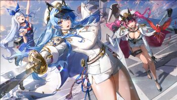 3girls aegis_(nikke) anchor_(nikke) artist_collaboration belt blue_eyes blue_hair breasts cavehuuu cleavage commentary_request dutch_angle epaulettes fish_(red_star_child) gloves goddess_of_victory:_nikke hair_intakes hair_ribbon hat helm_(nikke) high_heels highres holding holding_sword holding_weapon insignia long_hair mast_(nikke) morgan_(nikke) multiple_girls naval_jacket official_art open_mouth peaked_cap pink_eyes pink_hair ribbon shorts smile standing sword thigh_strap thighs twintails weapon white_gloves white_shorts