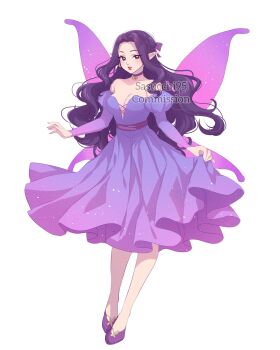 1girl artist_name bare_shoulders blush breasts brown_eyes butterfly_wings choker cleavage commentary commission curtained_hair dress earrings english_commentary fingernails frilled_dress frills gold_earrings hair_between_eyes highres insect_wings jewelry juliet_sleeves light_particles long_hair long_sleeves looking_at_viewer medium_breasts medium_dress off-shoulder_dress off_shoulder open_mouth original parted_bangs pink_wings pointy_ears puffy_sleeves purple_choker purple_dress purple_shoes sasucchi95 shoes simple_background skirt_hold solo standing teeth tongue upper_teeth_only very_long_hair watermark wavy_hair white_background wings