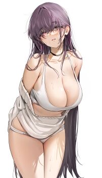 1girl absurdres black_choker bra breasts calvin_klein choker cleavage clothes_pull clothes_writing damda fate/grand_order fate_(series) highres large_breasts long_hair messy_hair panties parted_lips product_placement psd_available purple_eyes purple_hair scathach_(fate) simple_background solo sweat sweater sweater_pull underwear underwear_writing variant_set very_long_hair white_background white_bra white_panties