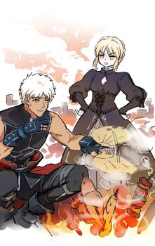 1boy 1girl antatica11 archer_(fate) artoria_pendragon_(fate) black_dress black_pants black_shirt braid coat coat_around_waist commentary crown_braid dress english_commentary fanning fate/stay_night fate_(series) fire food frown gloves hand_fan hands_on_own_hips highres holding holding_fan long_hair looking_at_another pants parted_lips partially_fingerless_gloves red_coat saber_alter shirt shish_kebab sitting smoke standing sweatdrop white_hair yellow_eyes
