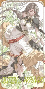 Rule 34 | 1girl, anklet, arm behind back, barefoot, black capelet, black dress, bow, bracelet, braid, breasts, brown hair, capelet, card (medium), chinese commentary, closed eyes, closed mouth, curtained hair, dress, earrings, egasumi, facing viewer, flower knot, frilled dress, frills, full body, halter dress, halterneck, highres, jewelry, ji (the tale of food), large breasts, long dress, long hair, low-braided long hair, low-tied long hair, miao ji ji ji, multicolored dress, neck tassel, outstretched arm, plant, print dress, queen of wands, red ribbon, ribbon, side cape, single bare shoulder, single braid, sleeveless, sleeveless dress, smile, solo, striped clothes, striped dress, swept bangs, tarot, tarot (medium), tassel, the tale of food, very long hair, vines, waist bow, watermark, weibo watermark, wheat print, white dress, yellow dress