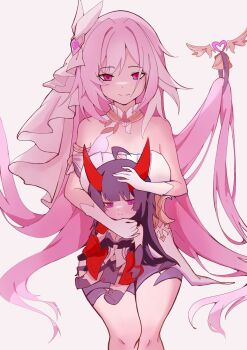 Rule 34 | 2girls, ahoge, bare shoulders, bell, black shorts, breasts, chinese commentary, commentary request, elysia (herrscher of human: ego) (honkai impact), elysia (honkai impact), gloves, highres, holding chibi, honkai (series), honkai impact 3rd, horns, large breasts, long hair, multiple girls, pink hair, purple eyes, purple hair, raiden mei, raiden mei (herrscher of thunder), red horns, short shorts, shorts, smile, thighs, triquetra, user cdah8522, veil, very long hair, white gloves, white veil