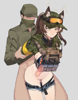 1boy 1girl absurdres anal animal_ears armband arms_behind_back breasts brown_hair bulletproof_vest cadpat callisto_(greyeth) clenched_teeth commission crop_top denim denim_shorts fox_ears fox_girl gar32 glowstick goggles highres holding_another's_arm magazine_(weapon) motion_lines multicolored_hair original second-party_source sex sex_from_behind shorts streaked_hair teeth x-ray