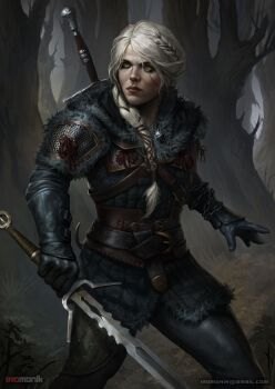 1girl armor artist_name braid braided_ponytail ciri email_address facial_scar forest green_eyes highres holding holding_sword holding_weapon iromonik long_hair nature outdoors scar scar_on_cheek scar_on_face solo sword the_witcher_(series) the_witcher_4 tree weapon white_hair