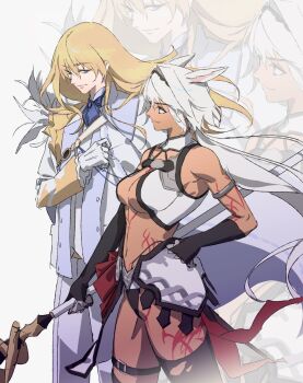 Rule 34 | 1boy, 1girl, animal ears, ascot, black gloves, black thighhighs, blonde hair, blue ascot, blue eyes, breasts, caenis (fate), caenis (second ascension) (fate), closed mouth, commentary request, dark-skinned female, dark skin, fate/grand order, fate (series), fingerless gloves, floating hair, gamdol 1, gloves, hand on own hip, highres, holding, holding polearm, holding weapon, kirschtaria wodime, korean commentary, long hair, long sleeves, looking at another, medium breasts, polearm, smile, spear, tattoo, thighhighs, torn clothes, torn thighhighs, weapon, white gloves, white hair