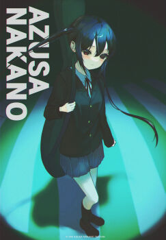 Rule 34 | 1girl, absurdres, black cardigan, black hair, blue skirt, blush, buttons, cardigan, character name, chromatic aberration, collared shirt, commentary, film grain, full body, guitar case, hand up, highres, instrument case, k-on!, light frown, long hair, looking at viewer, nakano azusa, neck ribbon, pleated skirt, poster (medium), red eyes, ribbon, sakuragaoka high school uniform, school uniform, shirt, skirt, solo, standing, tentan (10tan a), twintails, vignetting, white shirt, winter uniform