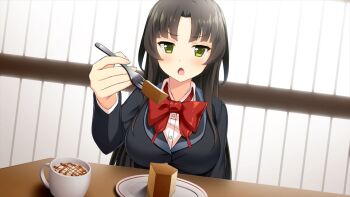 1girl black_hair bow bowtie breasts brown_hair cup eating food fork game_cg green_eyes holding holding_fork indoors jacket large_breasts light_blush long_hair long_sleeves looking_at_viewer moe!_ninja_girls official_art open_mouth parted_bangs red_bow red_bowtie saion-ji_enju school_uniform shirt sidelocks solo table third-party_source upper_body very_long_hair