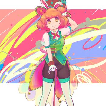 1girl aine_(hoshi_wo_miru_hito) animal_ear_hairband animal_ears black_shorts brown_hair cane closed_mouth fake_animal_ears feet_out_of_frame hairband highres hijikimon2mon holding holding_cane hoshi_wo_miru_hito looking_at_viewer orange_eyes rabbit_ear_hairband rabbit_ears red_ribbon ribbon see-through_clothes see-through_sleeves short_hair short_sleeves shorts smile solo stargazer_(series)