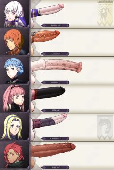 6+futa absurdres animal_penis artist_name blonde_hair blue_eyes blue_hair blush braid brown_eyes character_name chart closed_mouth comparison constance_von_nuvelle dark-skinned_female dark_skin earrings erection fire_emblem fire_emblem:_three_houses frown futanari hapi_(fire_emblem) headband highres hilda_valentine_goneril horse_penis huge_penis jewelry kushishekku large_penis leonie_pinelli long_hair long_image looking_at_viewer lysithea_von_ordelia marianne_von_edmund matching_hair/eyes medium_penis multiple_futa nintendo orange_hair penis penis_chart penis_comparison penis_sheath penis_size_comparison penis_size_difference pink_eyes pink_hair red_eyes red_hair short_hair smile testicles twintails uncensored veins veiny_penis white_hair
