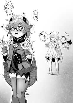 3girls blush cape claw_pose controller fang female_focus flat_chest garter_straps genshin_impact glasses gradient_background greyscale hair_flaps hands_up hat heart highres holding holding_remote_control jitome legs_together looking_afar looking_at_another lucifina_006 lumine_(genshin_impact) moaning monochrome multiple_girls nose_blush open_mouth paimon_(genshin_impact) remote_control remote_control_vibrator semi-rimless_eyewear sex_toy short_hair sidelocks simple_background skin_fang solo_focus speech_bubble spoken_heart standing sucrose_(genshin_impact) surprised thighhighs trembling vibrator vibrator_under_clothes white_background wide-eyed