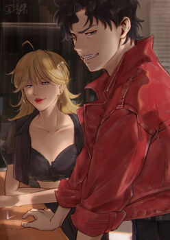 Rule 34 | 1boy, 1girl, ahoge, artist request, axel (lazarus), black hair, blonde hair, blue eyes, breasts, christine (lazarus), cleavage, clenched teeth, collarbone, crop top, cropped jacket, earrings, eyelashes, grin, hair between eyes, highres, jacket, jacket on shoulders, jewelry, large breasts, lazarus, looking at viewer, looking back, male focus, midriff, neck, open clothes, open jacket, parted bangs, red jacket, red lips, seductive smile, short hair, short sleeves, sidelocks, smile, smug, standing, teeth, thick lips, three-quarter sleeves, triangle earrings