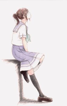 1girl absurdres bbmasa black_socks blue_sailor_collar blue_skirt brown_hair brown_shoes commentary_request full_body gradient_background green_neckerchief grey_background hibike!_euphonium highres kasaki_nozomi kitauji_high_school_uniform kneehighs liz_to_aoi_tori loafers looking_up medium_hair neckerchief pleated_skirt ponytail sailor_collar school_uniform shirt shoes short_sleeves sitting skirt socks solo summer_uniform white_shirt