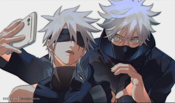 2boys artist_name black_gloves black_jacket blindfold blue_eyes cellphone cioccolatodorima crossover gloves gojou_satoru grey_hair hatake_kakashi heart_hands_failure howling jacket jujutsu_kaisen jujutsu_tech_uniform male_focus mask mouth_mask multiple_boys naruto_(series) naruto_shippuuden phone scar scar_on_face selfie sleeveless sleeveless_turtleneck smartphone thumbs_up turtleneck white_hair