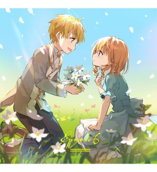 1boy 1girl aged_down aqua_dress blonde_hair blue_eyes blue_pants boots cherry_blossoms couple curly_hair day dress eihi flower highres kneeling lieselotte_riefenstahl official_art on_grass open_mouth outdoors pants puffy_short_sleeves puffy_sleeves short_hair short_sleeves siegwald_fitzenhagen smile sunlight tsundere_akuyaku_reijou_lieselotte_to_jikkyou_no_endou-kun_to_kaisetsu_no_kobayashi-san yellow_eyes