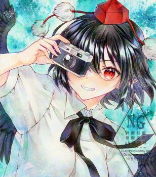 Rule 34 | 1girl, alto2019, arm up, black hair, black ribbon, black wings, blush, camera, commentary, feathered wings, grin, hat, highres, holding, holding camera, looking at viewer, neck ribbon, one eye covered, pointy ears, pom pom (clothes), red eyes, ribbon, shameimaru aya, shirt, short hair, short sleeves, smile, solo, tokin hat, touhou, upper body, watermark, white shirt, wings