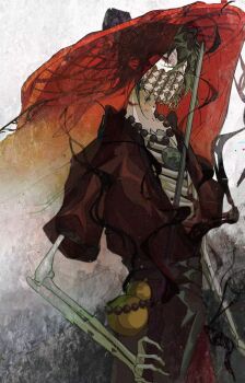 1boy absurdres bead_necklace beads black_hair bone chinese_clothes chinese_commentary coin covered_mouth cowboy_shot dao_gui_yi_xian gourd grey_background hair_bun hanfu hat highres holding holding_polearm holding_weapon holed_coin hood jewelry jian_(weapon) li_huowang long_hair looking_at_viewer male_focus mask mou_l_bing_sha mouth_veil necklace polearm red_eyes red_hanfu red_veil single_hair_bun skeleton solo standing veil weapon weimao white_background