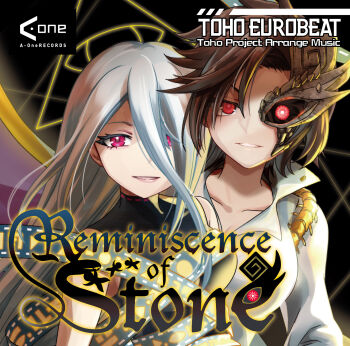 2girls a-one album_cover album_name black_dress black_sclera breasts brown_hair brown_mask cleavage collarbone colored_sclera commentary commentary_request cover dress english_commentary english_text grey_hair hair_between_eyes half_mask highres iwanaga_ariya long_hair long_hair_between_eyes long_sleeves looking_at_viewer mask mask_over_one_eye mismatched_sclera mixed-language_commentary multiple_girls red_eyes ribbon_around_body shirt short_hair skeletal_clothes skeletal_wings sleeveless sleeveless_dress smile socha touhou turtleneck turtleneck_dress very_long_hair white_shirt wings yuiman_asama