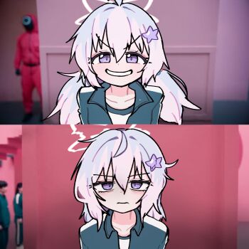 1girl absurdres ahoge alternate_hairstyle before_and_after blue_archive blue_hair ggeuwek green_jacket hair_ornament halo highres jacket looking_at_viewer low_twintails meme pink_hair purple_eyes reisa_(blue_archive) shirt smile squid_game star_(symbol) star_hair_ornament t-shirt twintails wilted_ahoge year_1_&amp;_year_2_(squid_game)_(meme)