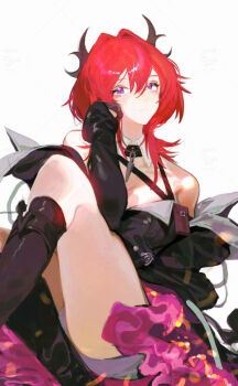1girl arknights arknights:_endfield bare_shoulders black_boots black_dress black_gloves boots commentary_request demon_girl demon_horns dress gloves high_heel_boots high_heels highres horns knee_boots laevatain_(arknights) looking_at_viewer purple_eyes raneblu red_hair short_hair simple_background sleeveless sleeveless_dress slit_pupils solo surtr_(arknights) white_background