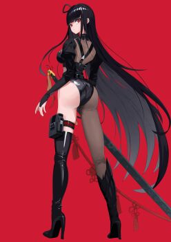 1girl absurdres ass asymmetrical_legwear belt belt_collar belt_pouch black_belt black_bodystocking black_boots black_bridal_gauntlets black_hair bodystocking boots breasts bridal_gauntlets chaos_zero_nightmare collar colored_inner_hair commentary from_behind harness high_heel_boots high_heels highres katana korean_commentary leotard long_hair looking_at_viewer mismatched_legwear mk_tory multicolored_hair pouch red_background red_eyes rin_(chaos_zero_nightmare) see-through_clothes sidelocks single_hiphigh single_thighhigh solo strap sword tassel thigh_pouch thigh_strap thighhighs very_long_hair weapon