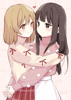 Rule 34 | 2girls, blush, brown eyes, brown hair, closed mouth, commentary request, hazuki natsu, heart, hug, jewelry, long hair, medium hair, multiple girls, necklace, original, pink background, pink sweater, plaid clothes, plaid skirt, red skirt, skirt, smile, sweater, white skirt, white sweater, yuri
