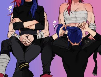 2girls absurdres adjusting_hair arcane:_league_of_legends arcane_caitlyn arcane_vi belt blue_hair breasts caitlyn_(league_of_legends) chest_sarashi curryuku gradient_background head_out_of_frame highres hug hug_from_behind implied_cunnilingus league_of_legends multiple_girls muscular muscular_female neck_tattoo ponytail red_hair sarashi sitting sitting_on_lap sitting_on_person tattoo tying_hair unworn_belt vi_(league_of_legends) yuri