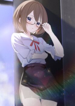 1girl absurdres adjusting_eyewear black_skirt blanc_(neptunia) blue_eyes brown_hair choujigen_game_neptune commentary english_commentary glasses highres neptune_(series) office_lady semi-rimless_eyewear shirt short_hair skirt solo under-rim_eyewear white_shirt xueli_shimazaki