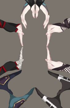 5boys bandaged_hand bandages black_gloves blue_gloves corrupted_twitter_file didin_ed fingerless_gloves fishnets genshin_impact gloves grey_background hand_focus highres kaedehara_kazuha lyney_(genshin_impact) male_focus mismatched_pupils multiple_boys phallic_symbol scaramouche_(genshin_impact) sexually_suggestive shikanoin_heizou simple_background xiao_(genshin_impact)