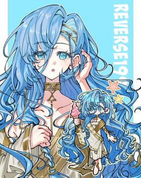 1girl 37_(reverse:1999) :o ancient_greek_clothes aqua_hair armlet bare_shoulders barefoot blue_background blue_eyes blue_hair chibi chibi_inset commentary copyright_name food full_body gold_choker greco-roman_clothes hair_between_eyes hands_up highres holding holding_food holding_ice_cream ice_cream ice_cream_cone jewelry long_hair looking_at_viewer multiple_views reverse:1999 sogongnyeo standing star_(symbol) toga upper_body very_long_hair