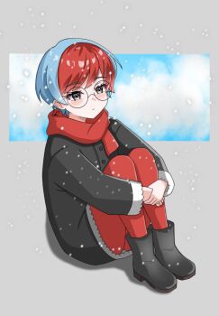 Rule 34 | 1girl, absurdres, alternate costume, blush, boots, cats in abox, closed mouth, coat, commentary, eyelashes, full body, glasses, grey boots, grey coat, grey eyes, highres, hugging own legs, leggings, legs together, long sleeves, multicolored hair, nintendo, own hands together, penny (pokemon), pokemon, pokemon sv, red leggings, red scarf, round eyewear, scarf, short hair, sitting, snowing, solo, two-tone hair, winter clothes