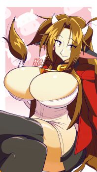 absurdres ahoge animal_ears blouse border breasts brown_hair collar cow_ears cow_girl cow_horns cow_tail cowbell hardkoba highres horns large_breasts leaning_back long_hair mattie_(ego_trigger) metal on_floor pantyhose parted_bangs pink_background pleated_skirt red_shirt shirt sidelocks skirt smile tail thighs unbuttoned unbuttoned_shirt white_border white_shirt yellow_eyes