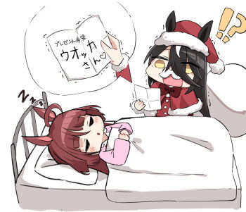 2girls absurdres ahoge alternate_costume animal_ears black_hair blanket closed_eyes commentary_request dress hair_between_eyes hat highres holding holding_paper horse_ears horse_girl long_hair long_sleeves lying manhattan_cafe_(umamusume) multicolored_hair multiple_girls paper pillow red_desire_(umamusume) red_hair red_hat sack santa_costume santa_dress santa_hat sleeping translation_request umamusume ya.yu. yellow_eyes zzz