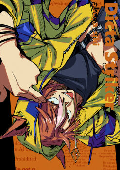 1girl absurdres akaya_shiki animal_ears black_shirt brown_hair character_name commentary_request dictus_striker_(umamusume) ears_through_headwear ears_through_hood hair_between_eyes highres hood hooded_jacket hoodie horse_ears horse_girl jacket jewelry long_sleeves looking_at_viewer midriff multicolored_hair navel open_mouth orange_background pendant shirt short_hair smile solo streaked_hair suspenders teeth tongue tongue_out umamusume umamusume:_cinderella_gray upside-down white_hair yellow_eyes yellow_hood yellow_hoodie yellow_jacket