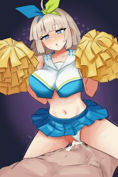 1boy 1girl :o aa-12_(girls'_frontline) absurdres blue_eyes blue_skirt blush breasts brown_hair cheerleader chopingme clothed_female_nude_male clothing_aside commentary cosplay cowgirl_position crop_top cum cum_in_pussy cum_overflow deep_penetration english_commentary girl_on_top girls'_frontline girls'_frontline_2:_exilium hair_ribbon half-closed_eyes hands_up heart hetero highres lind_(girls'_frontline_2) long_hair medium_breasts microskirt navel nikketa_(girls'_frontline_2) nude panties panties_aside penis pleated_skirt pom_pom_(cheerleading) pussy ribbon skirt solo_focus stomach straddling thighs two-tone_ribbon underwear vaginal vsk-94_(dance_like_the_blazing_sun)_(girls'_frontline) vsk-94_(girls'_frontline) vsk-94_(girls'_frontline)_(cosplay) w_arms white_panties