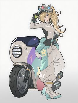 1girl 2025 20s biker_clothes bikesuit blonde_hair blue_eyes bodysuit breasts closed_mouth clothes_around_waist crown daniel_deng earrings gloves hair_over_one_eye hat jacket jacket_around_waist jewelry long_hair long_sleeves looking_at_viewer mario_(series) mario_kart mario_kart_world motor_vehicle motorcycle nintendo official_alternate_costume ponytail racing_suit rosalina rosalina_(pro_racer) smile solo star_(symbol) star_earrings tagme