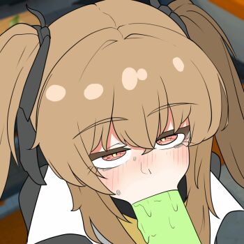 1girl aktmvltm animated animated_gif blurry blurry_background blush brown_hair fellatio girls'_frontline girls'_frontline_2:_exilium hair_between_eyes heart heart-shaped_pupils lenna_(girls'_frontline_2) long_hair oral portrait red_eyes simulated_fellatio solo sweat symbol-shaped_pupils tearing_up twintails ump9_(girls'_frontline) wide-eyed yellow_pupils