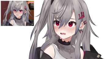 1girl blush commentary crown_hair_ornament d5y0m dated_commentary flustered grey_hair hair_between_eyes hair_ornament highres hololive hololive_dev_is isaki_riona isaki_riona_(1st_costume) long_hair looking_to_the_side one_side_up open_mouth red_eyes reference_inset shirt simple_background small_sweatdrop spiked_ear_piercing upper_body virtual_youtuber wavy_mouth white_background white_shirt