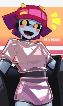 1girl 2019 absurdres android artist_name blackbolt_lonewolf blush breasts character_name dated eyebrows_hidden_by_hair gynoid happy highres mechanical_hair open_mouth orange_eyes original panties red_hair robot robot_ears robot_girl see-through_clothes short_hair small_breasts tongue two-tone_background underwear