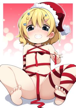1girl barefoot blonde_hair blush collarbone commission covered_erect_nipples flat_chest fur-trimmed_headwear fur_trim grey_eyes grin hair_between_eyes hair_ornament hairclip hat heart heart_hair_ornament loli naked_ribbon original red_hat red_ribbon reku ribbon santa_hat skeb_commission smile soles solo star_(symbol) star_hair_ornament tilted_headwear