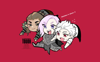 Rule 34 | 2boys, absurdres, astarion, baldur's gate, baldur's gate 3, brown hair, chibi, chibi only, copyright name, dungeons & dragons, dungeons &amp; dragons, fang, green eyes, halsin, highres, long hair, multiple boys, open mouth, pink hair, pointy ears, red background, shirt, simple background, skin fang, tav (baldur's gate), touoh, white shirt