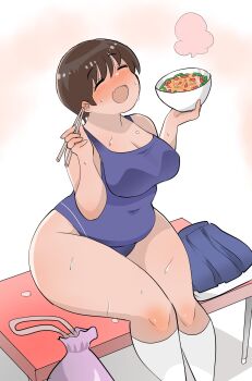 1girl bag bench blue_one-piece_swimsuit blush bowl breasts brown_hair chopsticks cleavage closed_eyes covered_navel eating fang food foodgasm highres holding holding_bowl holding_chopsticks medium_breasts noodles one-piece_swimsuit open_mouth original plump ramen short_hair sitting skin_fang skirt socks solo soup sweat swimsuit thick_thighs thighs toyishiki_shizuoka unworn_skirt white_background white_socks wide_hips