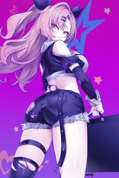 1girl absurdres black_jacket black_ribbon black_shorts breasts briefcase closed_mouth commentary commentary_request cowboy_shot crop_top cropped_jacket detached_sleeves english_commentary from_behind green_eyes hair_ornament hair_ribbon hairclip highres holding holding_briefcase jacket kurimako large_breasts long_hair looking_at_viewer looking_back mixed-language_commentary nicole_demara parallel_hairclips parted_bangs pink_hair purple_background ribbon short_shorts shorts smile solo thigh_strap thighs two_side_up zenless_zone_zero