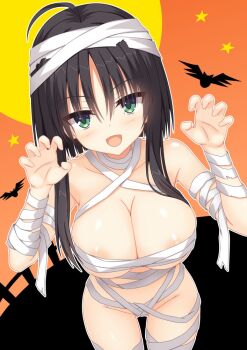 1girl :d ahoge alternate_costume areola_slip bandaged_arm bandaged_chest bandaged_head bandaged_leg bandaged_neck bandages bare_shoulders blunt_ends blush breasts claw_pose cleavage commentary cowboy_shot eyes_visible_through_hair gluteal_fold green_eyes groin hair_between_eyes hair_over_breasts halloween halloween_costume hands_up hitachi_mako kanaya_(cybelekanaya) large_breasts looking_at_viewer mummy_costume naked_bandage open_mouth orange_background outline paid_reward_available senren_banka short_hair_with_long_locks simple_background smile solo straight_hair tsurime white_outline