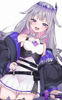 1girl absurdres armpits bare_shoulders castellayaki collarbone colored_inner_hair commentary detached_collar detached_wings dot_nose dress hair_between_eyes hair_ornament hand_on_own_hip highres hololive hololive_english jewel_under_eye katana koseki_bijou koseki_bijou_(casual) looking_at_viewer multicolored_hair nail_polish open_mouth pink_hair purple_eyes purple_hair purple_nails strap sword teeth upper_teeth_only virtual_youtuber weapon white_dress wings