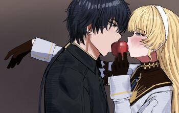 1boy 1girl 2na_(blue2na) absurdres apple biting black_collar black_gloves black_hair black_jacket blonde_hair blush brown_background collar commentary english_commentary eye_contact food fruit gloves hairband highres holding holding_food holding_fruit jacket long_hair long_sleeves looking_at_another male_rover_(wuthering_waves) no_headwear phoebe_(wuthering_waves) photo-referenced purple_eyes rover_(wuthering_waves) shirt white_hairband white_shirt wuthering_waves yellow_eyes