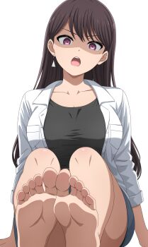 1girl angry bang_dream! bang_dream!_it&#039;s_mygo!!!!! barefoot black_hair black_shirt blue_skirt earrings feet foot_focus highres jacket jewelry legs long_hair looking_at_viewer mole mole_under_eye noshimurin open_mouth purple_eyes shiina_taki shirt shouting simple_background single_earring skirt soles solo toes white_background white_jacket